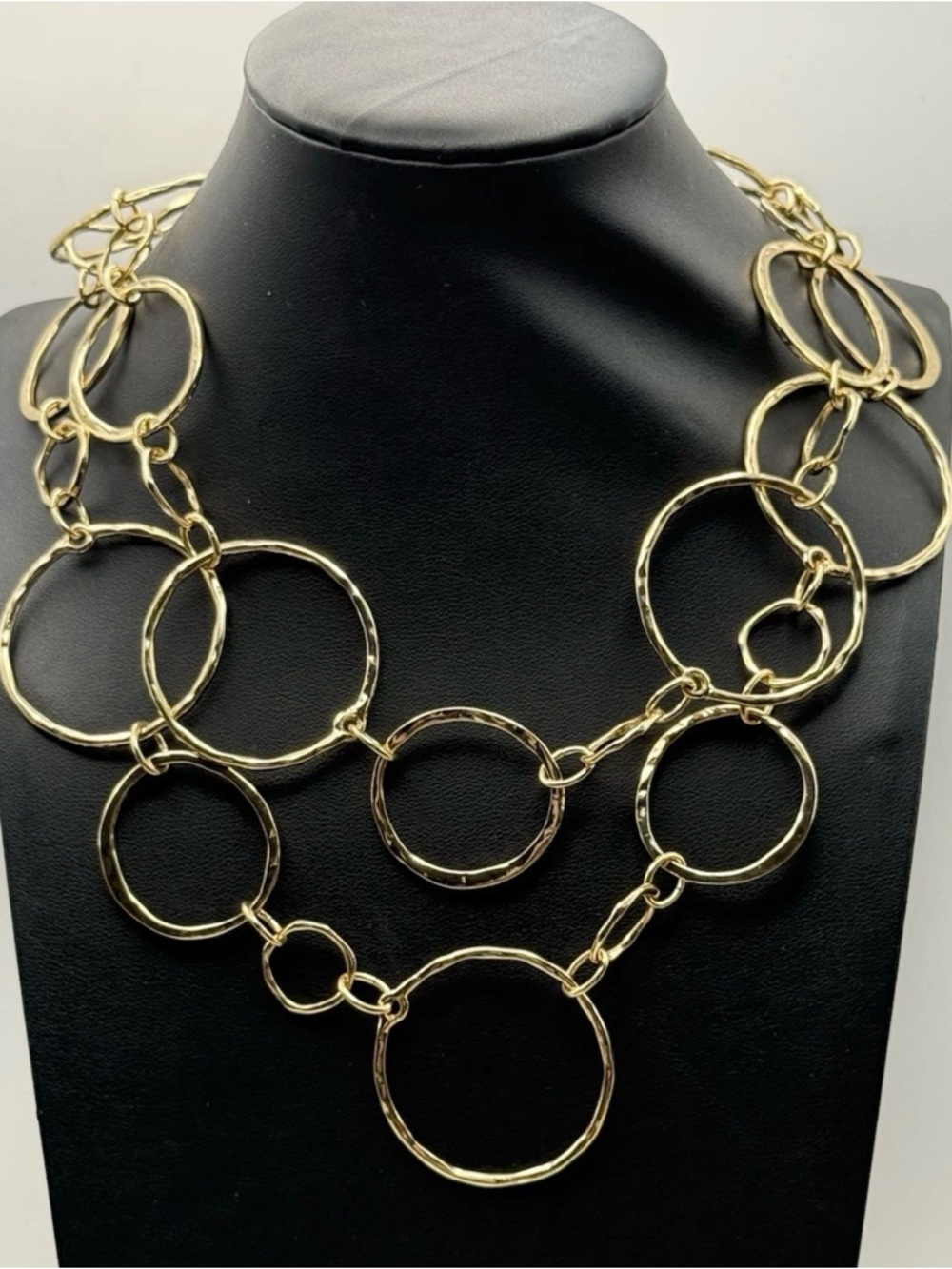 Chico's Gold Tone Hammered Multi Ring Layered Statement Necklace 36-40" Long